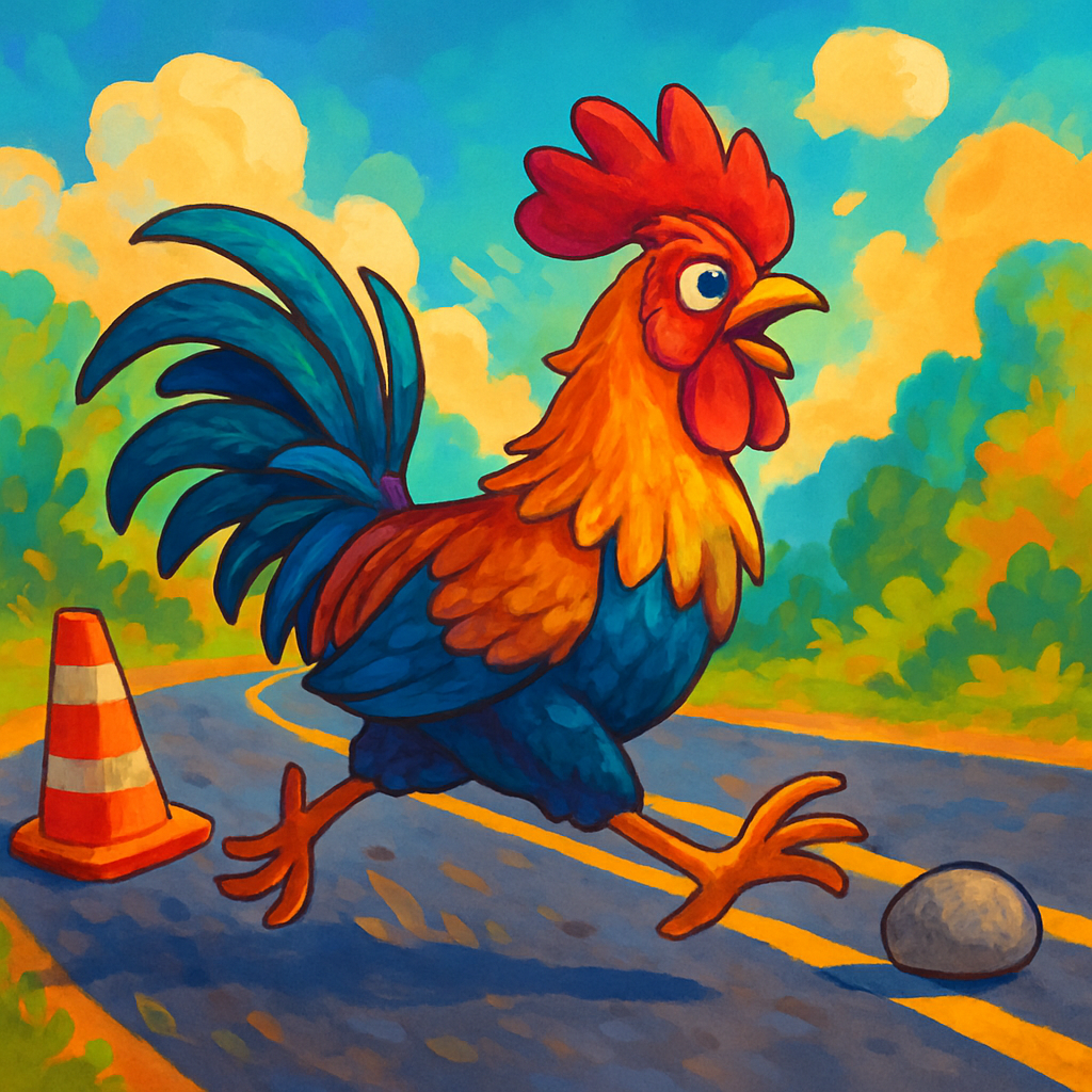 Un gallo che corre sulla strada evitando ostacoli